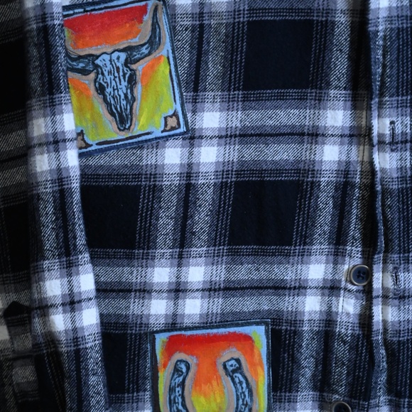 Black & White Flannel – Light Blue Fringes, Western Patches, Oversized Festival - Picture 6 of 7